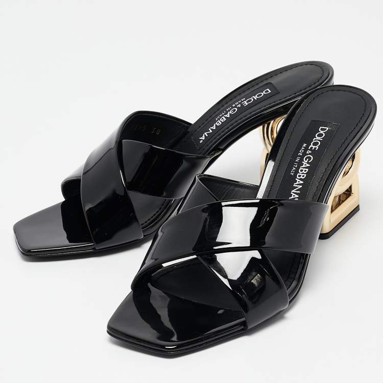 Pre Owned Dolce & Gabbana Black Patent Leather DG Heel Slide Sandals Size 38