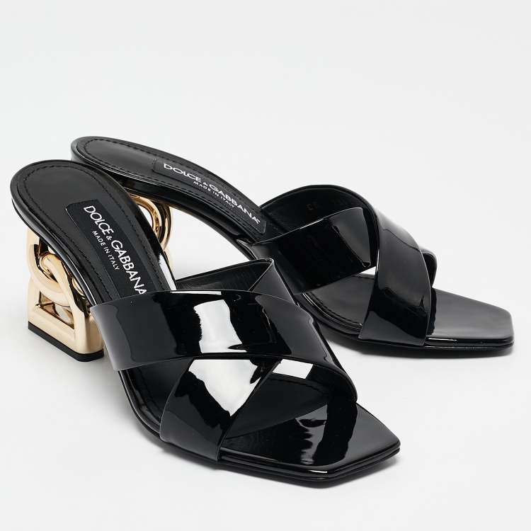 Pre Owned Dolce & Gabbana Black Patent Leather DG Heel Slide Sandals Size 38