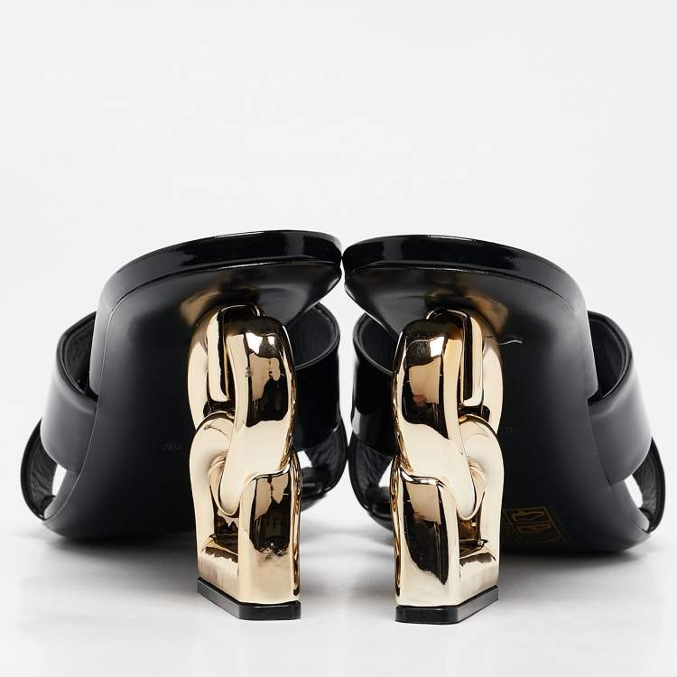 Pre Owned Dolce & Gabbana Black Patent Leather DG Heel Slide Sandals Size 38