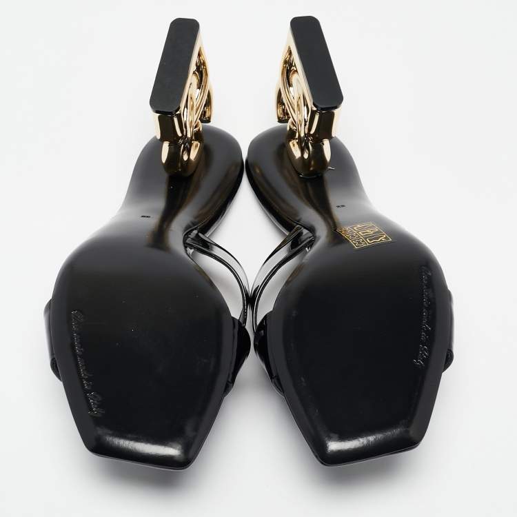 Pre Owned Dolce & Gabbana Black Patent Leather DG Heel Slide Sandals Size 38
