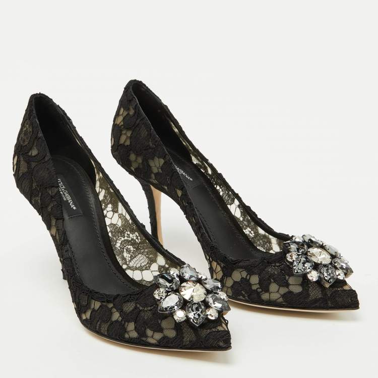 Pre Owned Dolce & Gabbana Black Lace Bellucci Pointed Toe Pumps Size 38.5