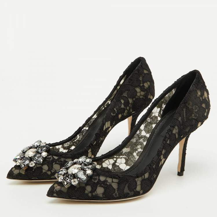Pre Owned Dolce & Gabbana Black Lace Bellucci Pointed Toe Pumps Size 38.5