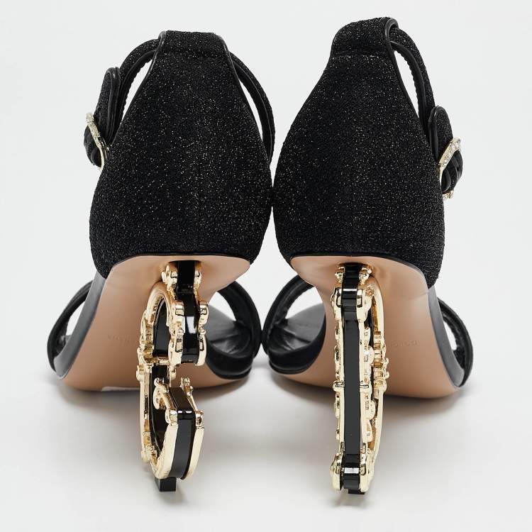 Pre Owned Dolce & Gabbana Black Leather and Lurex Keira DG Baroque Sandals Size 38