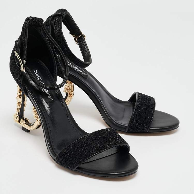 Pre Owned Dolce & Gabbana Black Leather and Lurex Keira DG Baroque Sandals Size 38