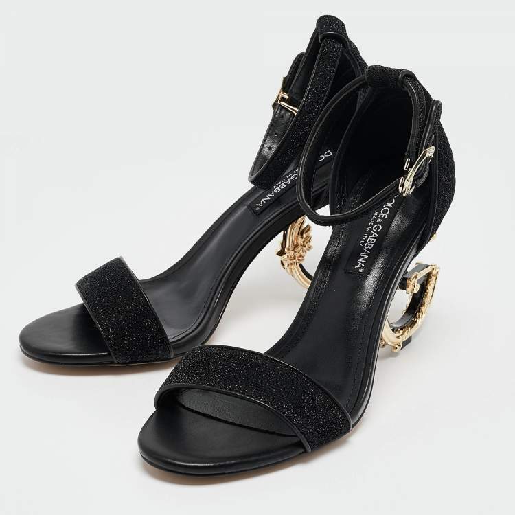 Pre Owned Dolce & Gabbana Black Leather and Lurex Keira DG Baroque Sandals Size 38