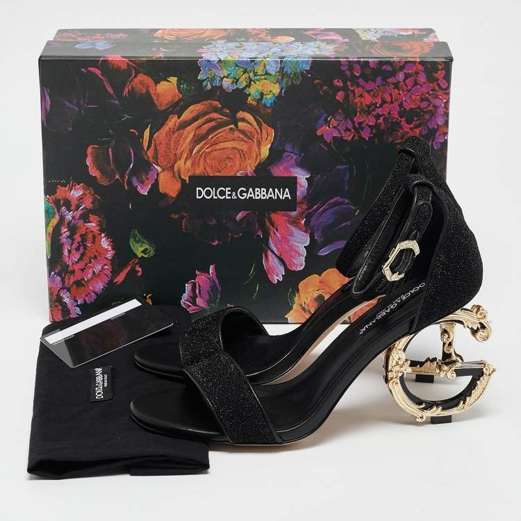 Pre Owned Dolce & Gabbana Black Leather and Lurex Keira DG Baroque Sandals Size 38