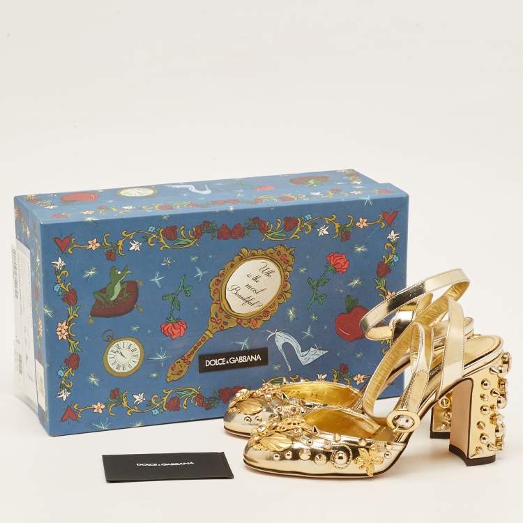 Pre Owned Dolce & Gabbana Gold Leather Embellished Ankle Wrap Sandals Size 35