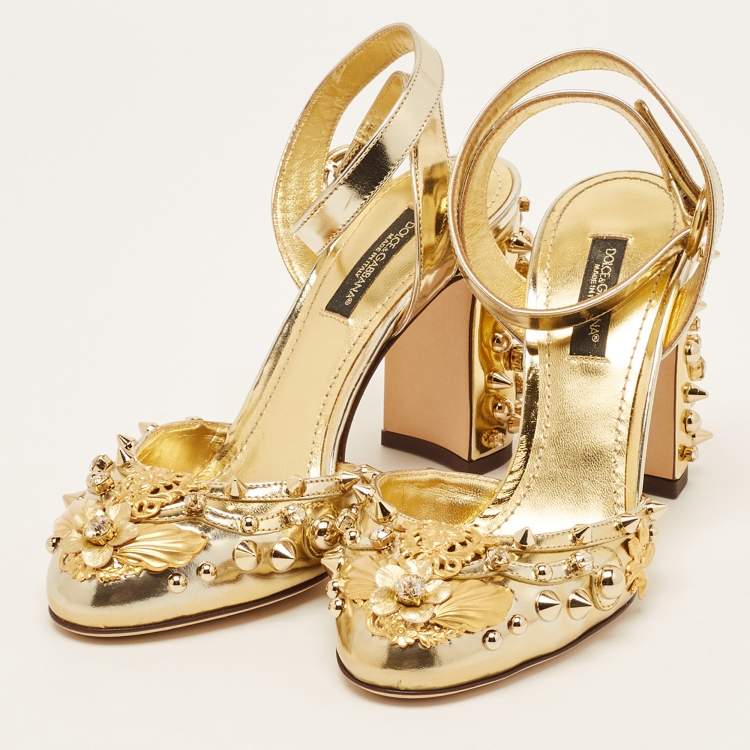 Pre Owned Dolce & Gabbana Gold Leather Embellished Ankle Wrap Sandals Size 35