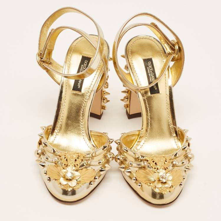 Pre Owned Dolce & Gabbana Gold Leather Embellished Ankle Wrap Sandals Size 35