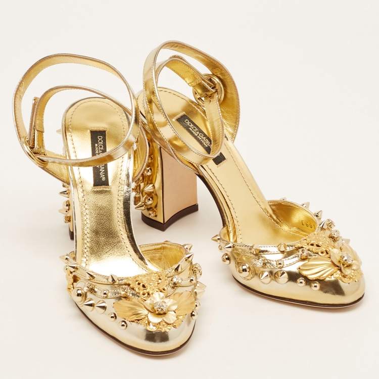 Pre Owned Dolce & Gabbana Gold Leather Embellished Ankle Wrap Sandals Size 35