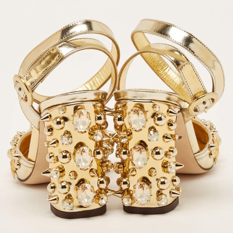 Pre Owned Dolce & Gabbana Gold Leather Embellished Ankle Wrap Sandals Size 35