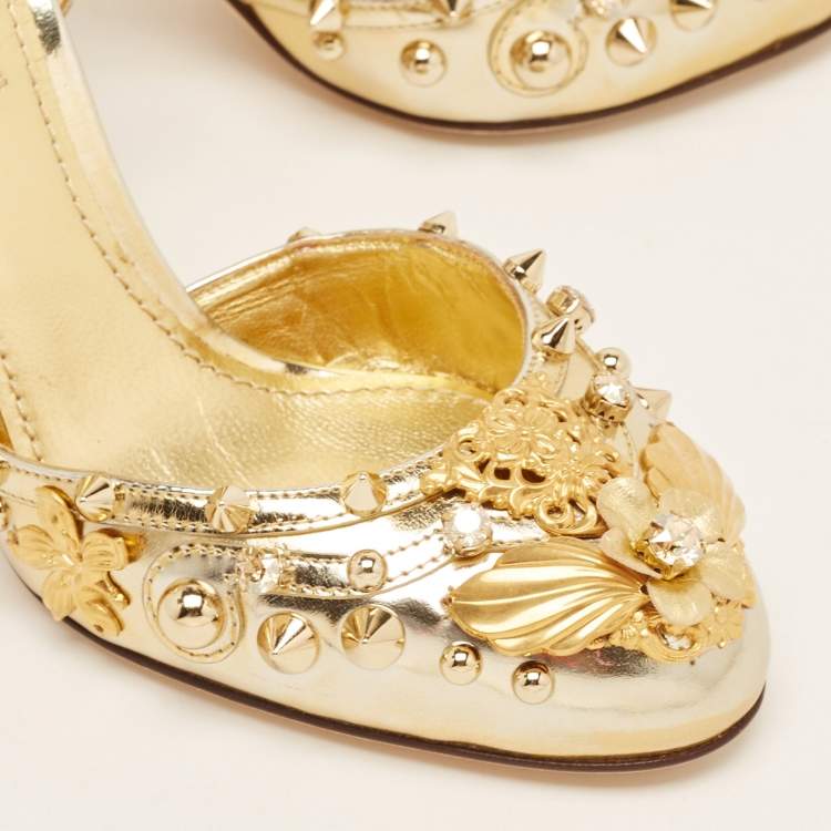 Pre Owned Dolce & Gabbana Gold Leather Embellished Ankle Wrap Sandals Size 35