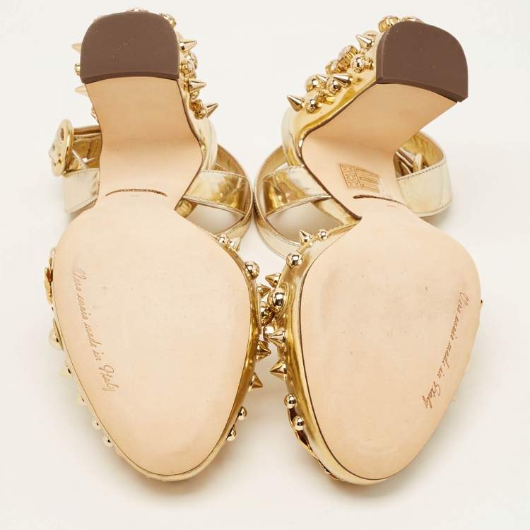 Pre Owned Dolce & Gabbana Gold Leather Embellished Ankle Wrap Sandals Size 35