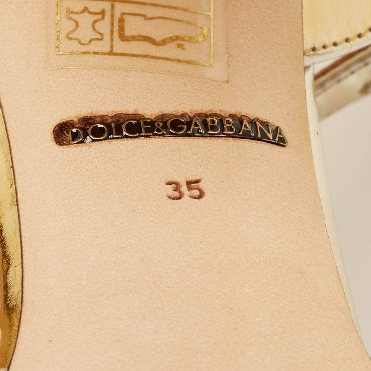 Pre Owned Dolce & Gabbana Gold Leather Embellished Ankle Wrap Sandals Size 35
