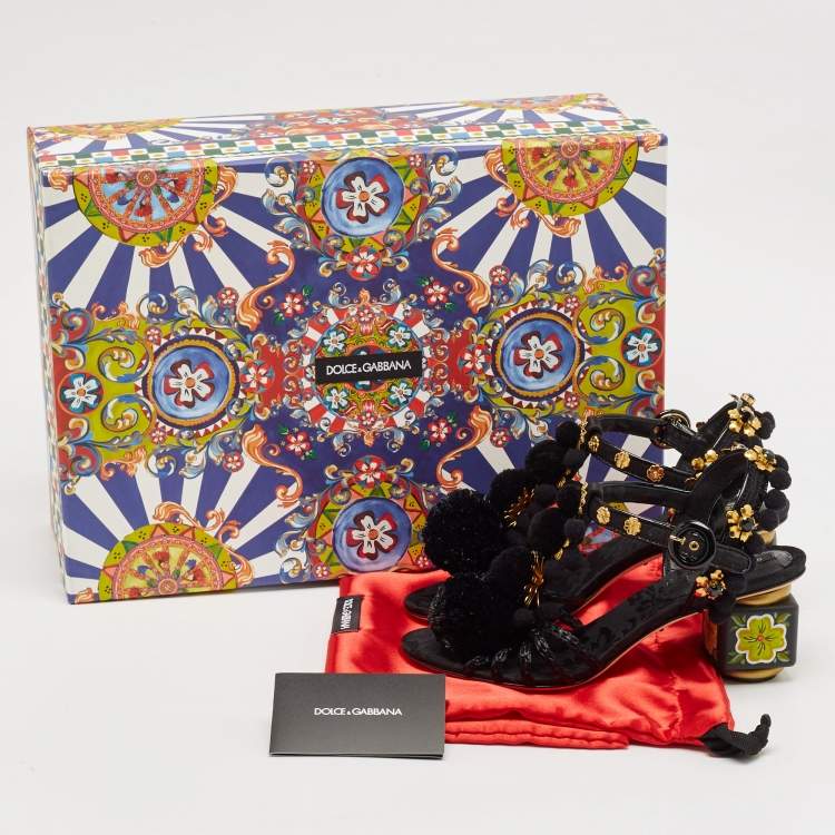 Pre Owned Dolce & Gabbana Black Fabric and Raffia Pom Pom Embellished T-Strap Sandals Size 35