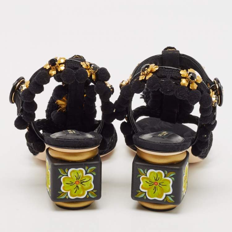 Pre Owned Dolce & Gabbana Black Fabric and Raffia Pom Pom Embellished T-Strap Sandals Size 35