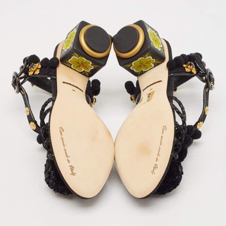 Pre Owned Dolce & Gabbana Black Fabric and Raffia Pom Pom Embellished T-Strap Sandals Size 35