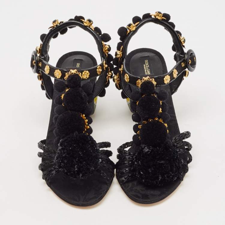 Pre Owned Dolce & Gabbana Black Fabric and Raffia Pom Pom Embellished T-Strap Sandals Size 35