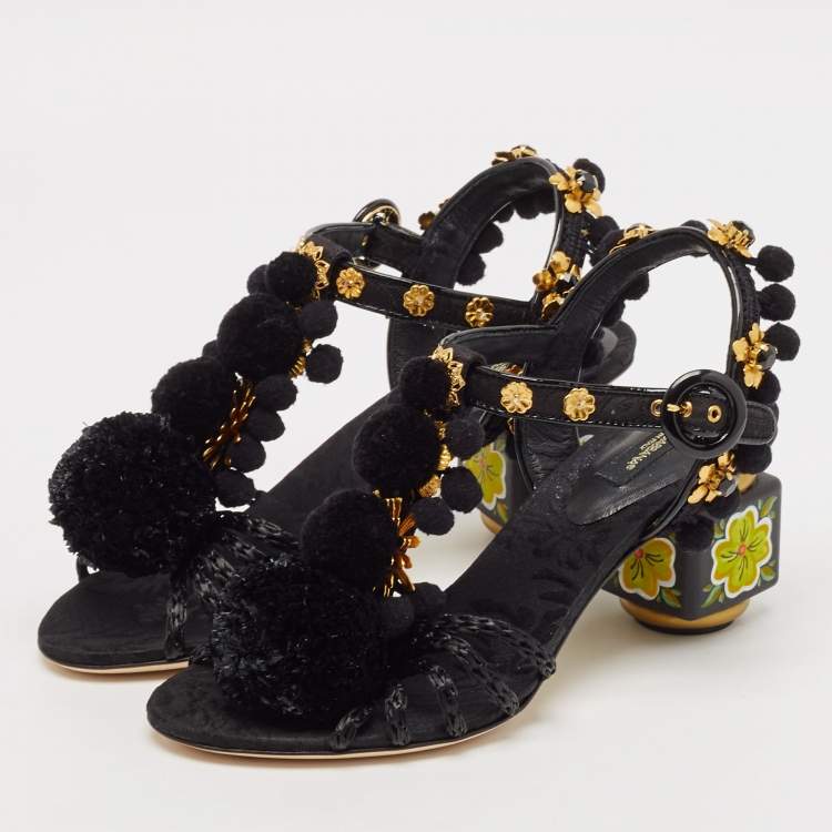Pre Owned Dolce & Gabbana Black Fabric and Raffia Pom Pom Embellished T-Strap Sandals Size 35