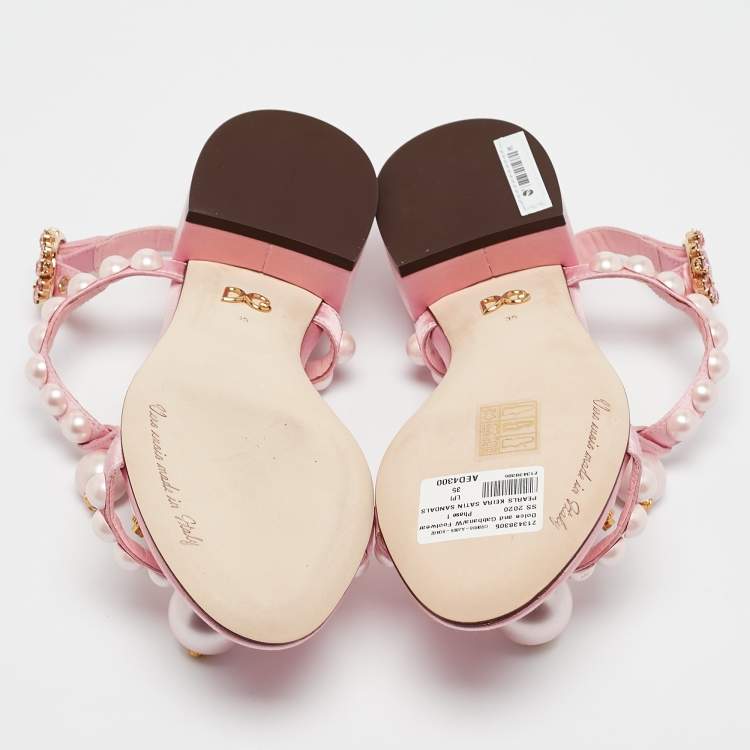 Pre Owned Dolce & Gabbana Pink Satin Pearl Keira Ankle Strap Sandals Size 35