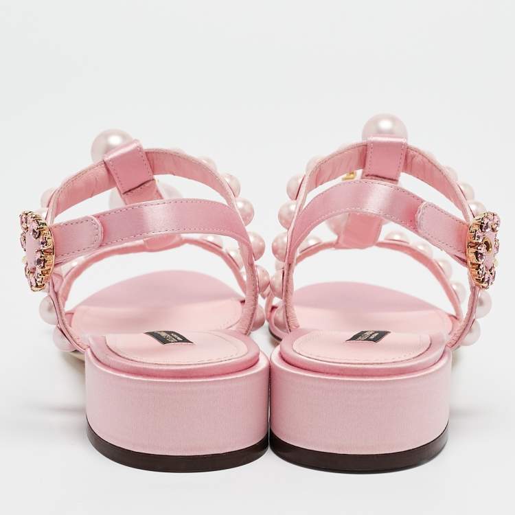 Pre Owned Dolce & Gabbana Pink Satin Pearl Keira Ankle Strap Sandals Size 35