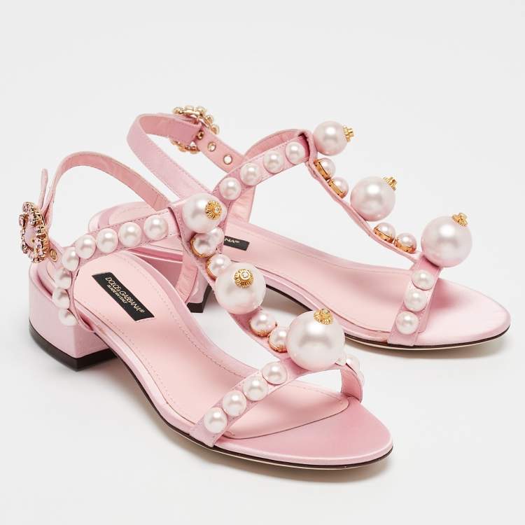 Pre Owned Dolce & Gabbana Pink Satin Pearl Keira Ankle Strap Sandals Size 35