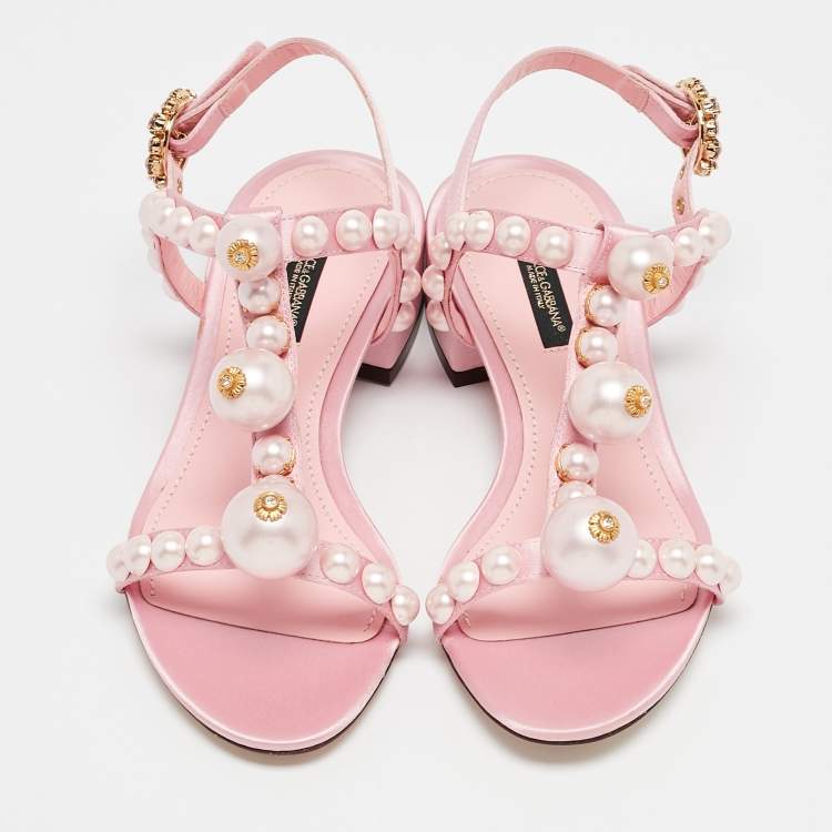 Pre Owned Dolce & Gabbana Pink Satin Pearl Keira Ankle Strap Sandals Size 35