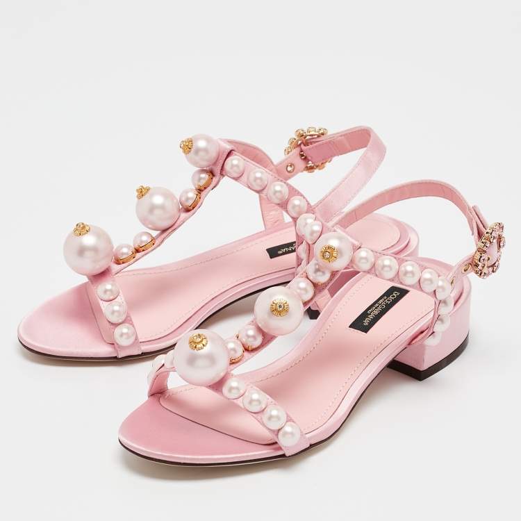 Pre Owned Dolce & Gabbana Pink Satin Pearl Keira Ankle Strap Sandals Size 35