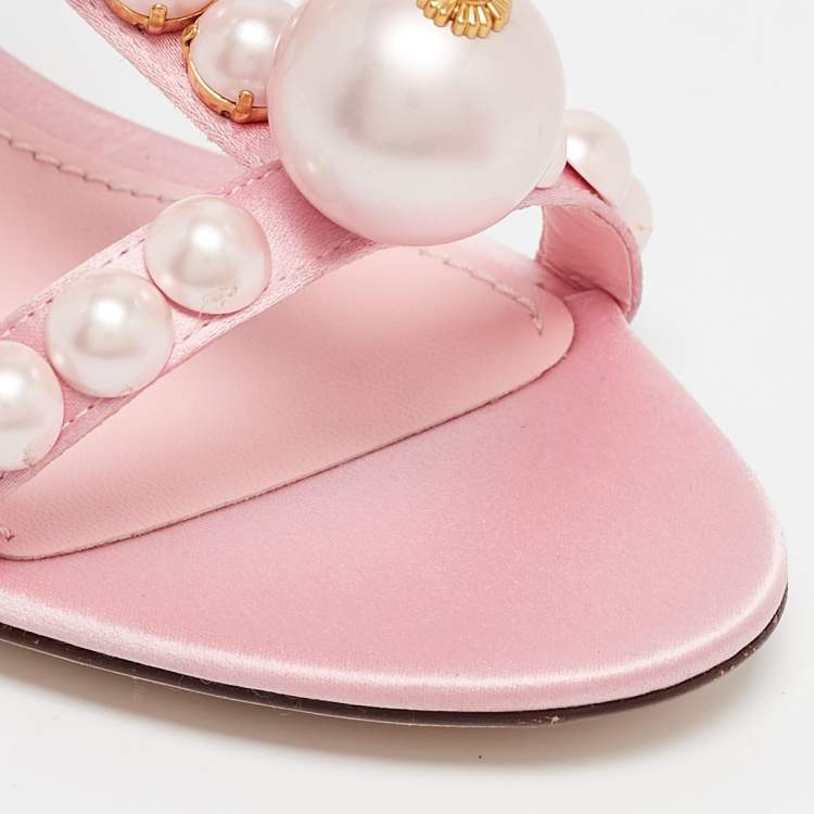 Pre Owned Dolce & Gabbana Pink Satin Pearl Keira Ankle Strap Sandals Size 35