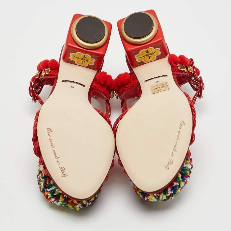 Pre Owned Dolce & Gabbana Red Fabric and Raffia Pom Pom Embellished T-Strap Sandals Size 35