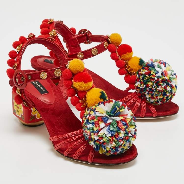 Pre Owned Dolce & Gabbana Red Fabric and Raffia Pom Pom Embellished T-Strap Sandals Size 35