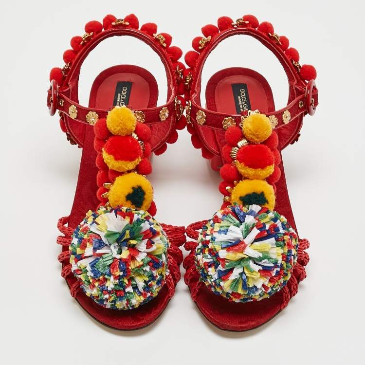 Pre Owned Dolce & Gabbana Red Fabric and Raffia Pom Pom Embellished T-Strap Sandals Size 35