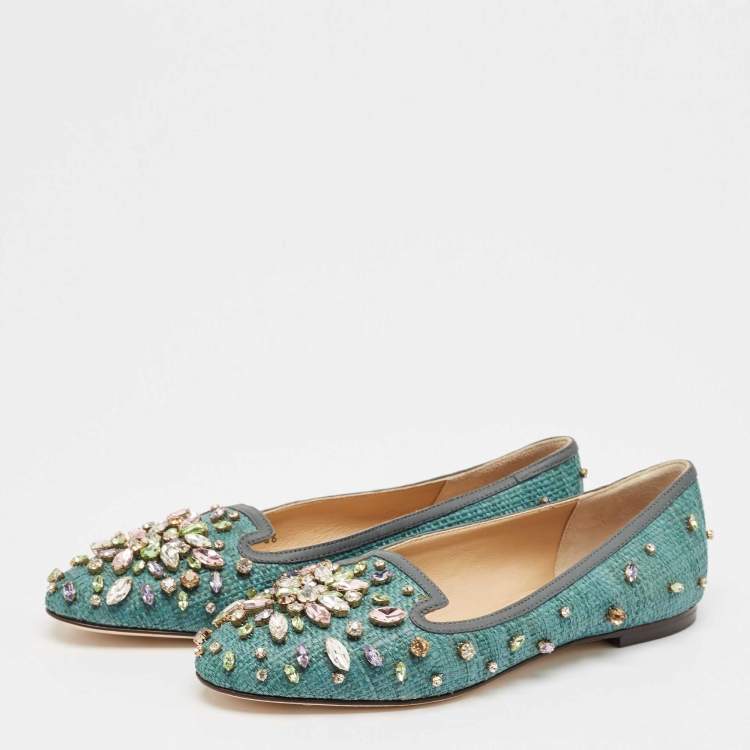 Pre Owned Dolce & Gabbana Green Raffia Crystal Embellished Ballet Flats Size 36