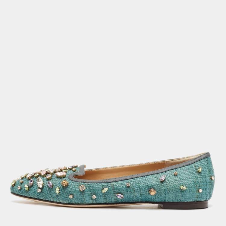 Pre Owned Dolce & Gabbana Green Raffia Crystal Embellished Ballet Flats Size 36
