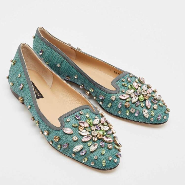 Pre Owned Dolce & Gabbana Green Raffia Crystal Embellished Ballet Flats Size 36