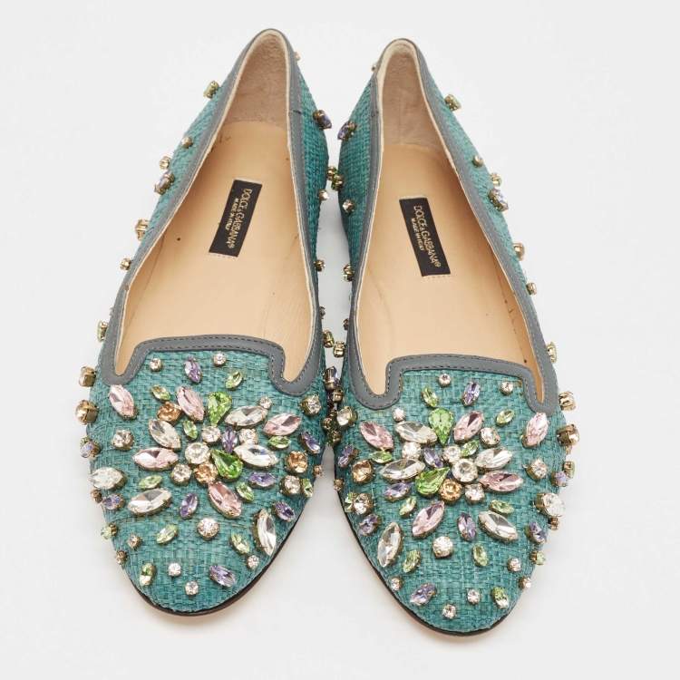 Pre Owned Dolce & Gabbana Green Raffia Crystal Embellished Ballet Flats Size 36