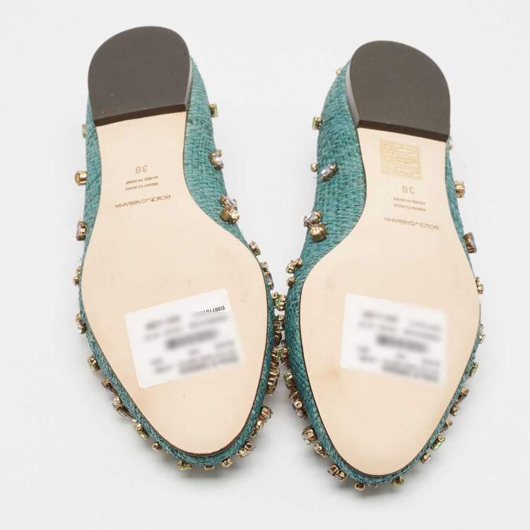 Pre Owned Dolce & Gabbana Green Raffia Crystal Embellished Ballet Flats Size 36