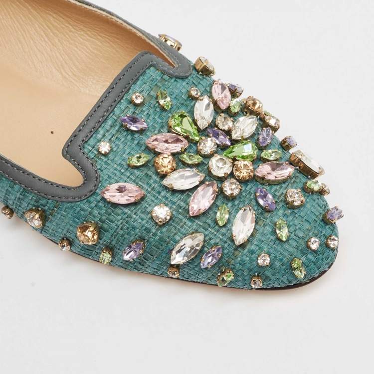 Pre Owned Dolce & Gabbana Green Raffia Crystal Embellished Ballet Flats Size 36