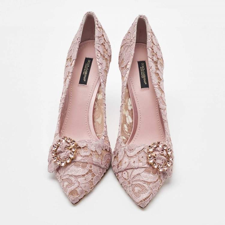 Pre Owned Dolce & Gabbana Light Pink Lace Crystal Buckle Pumps Size 40
