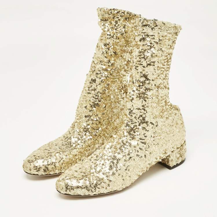 Pre Owned Dolce & Gabbana Gold Sequins and Mesh Boots Size 36