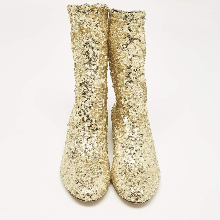 Pre Owned Dolce & Gabbana Gold Sequins and Mesh Boots Size 36