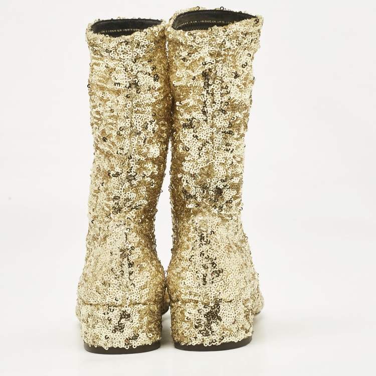 Pre Owned Dolce & Gabbana Gold Sequins and Mesh Boots Size 36