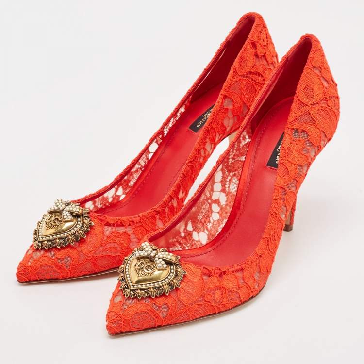 Pre Owned Dolce & Gabbana Red Lace Devotion Pumps Size 40.5