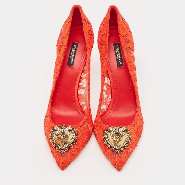 Pre Owned Dolce & Gabbana Red Lace Devotion Pumps Size 40.5