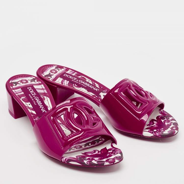 Pre Owned Dolce & Gabbana Pink Patent Leather DG Millennials Slide Sandals Size 37.5