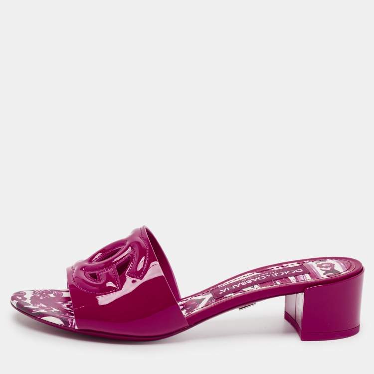 Pre Owned Dolce & Gabbana Pink Patent Leather DG Millennials Slide Sandals Size 37.5