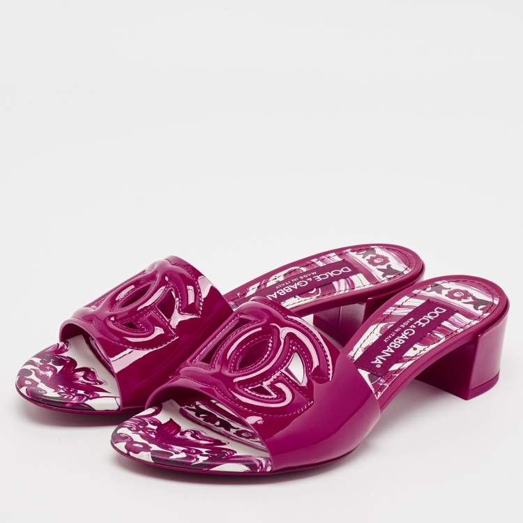 Pre Owned Dolce & Gabbana Pink Patent Leather DG Millennials Slide Sandals Size 37.5