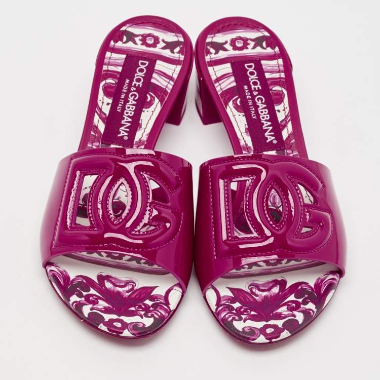 Pre Owned Dolce & Gabbana Pink Patent Leather DG Millennials Slide Sandals Size 37.5