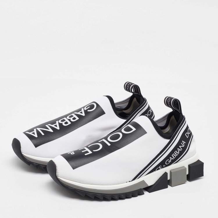 Pre Owned Dolce & Gabbana White/Black Knit Fabric Sorrento Slip On Sneakers Size 38