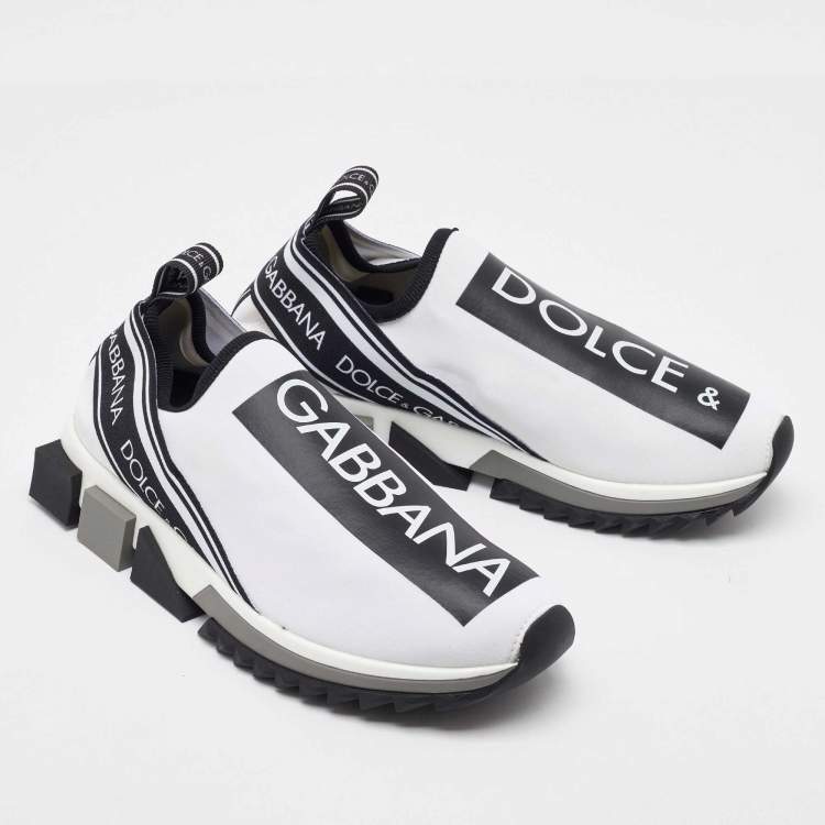 Pre Owned Dolce & Gabbana White/Black Knit Fabric Sorrento Slip On Sneakers Size 38